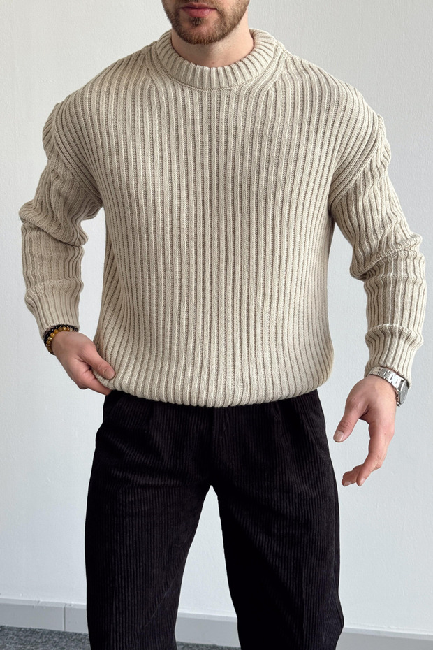 Erkek Taş Fitilli Örme Regular Triko Kazak - 4