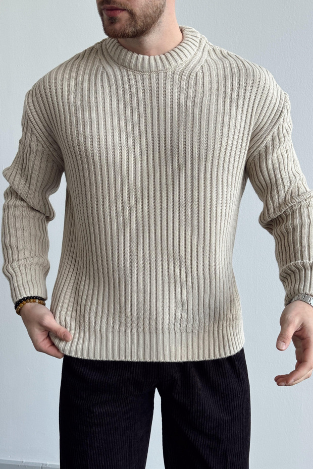 Erkek Taş Fitilli Örme Regular Triko Kazak - 3