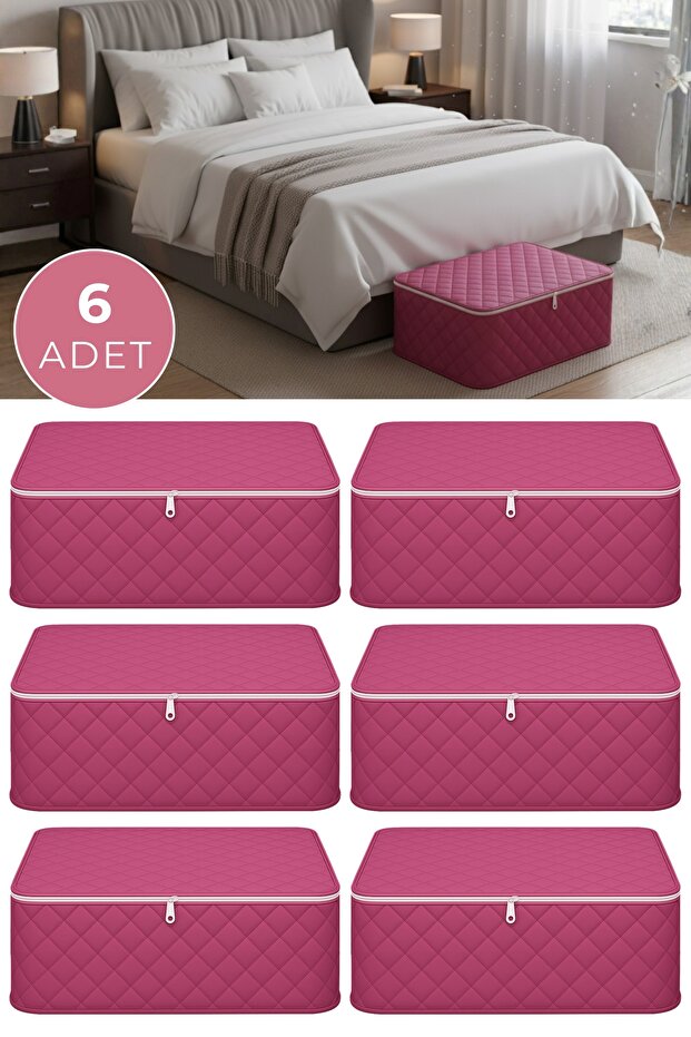 HURCEVİM 6 Adet Fuşya Kapitoneli Fermuarlı Büyük Boy Baza Altı Hurç - 65x45x22 cm - Organizer
