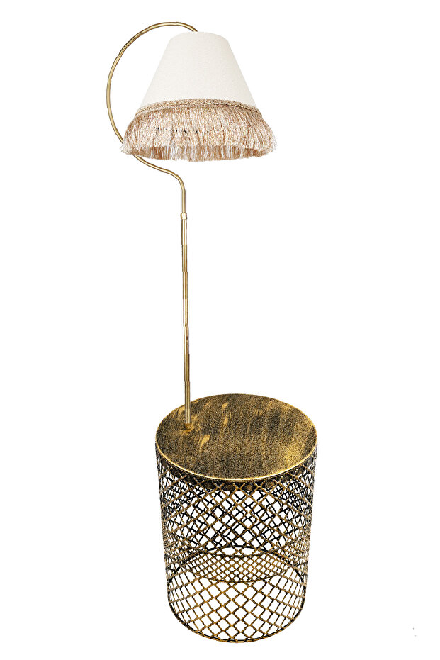 Sehpalı Lambader Elips Siyah Sarı Patine ⭐️Krem Kumaş Şapka Sarı Püsküllü ⭐️Salon Köşe Lambader - 6