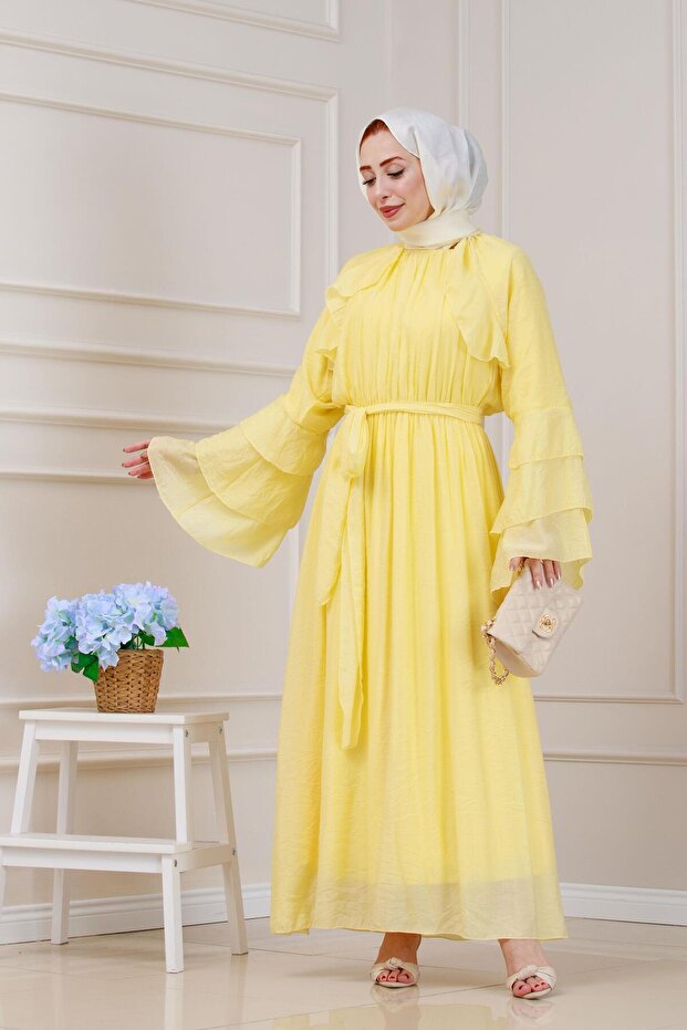 Fırfır Detaylı Lora Elbise-Sarı - 2
