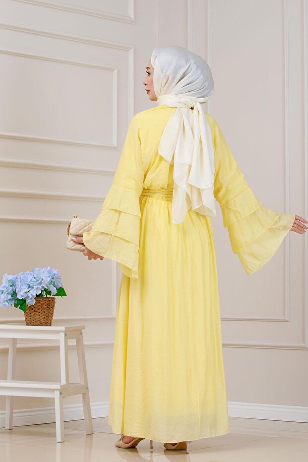 Fırfır Detaylı Lora Elbise-Sarı - 5