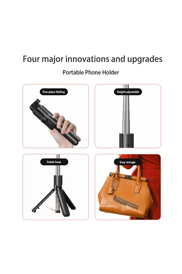 Black Bluetooth Selfie Stick Tripod for iPhone/Samsung/Xiaomi, Remote Shutter - 2