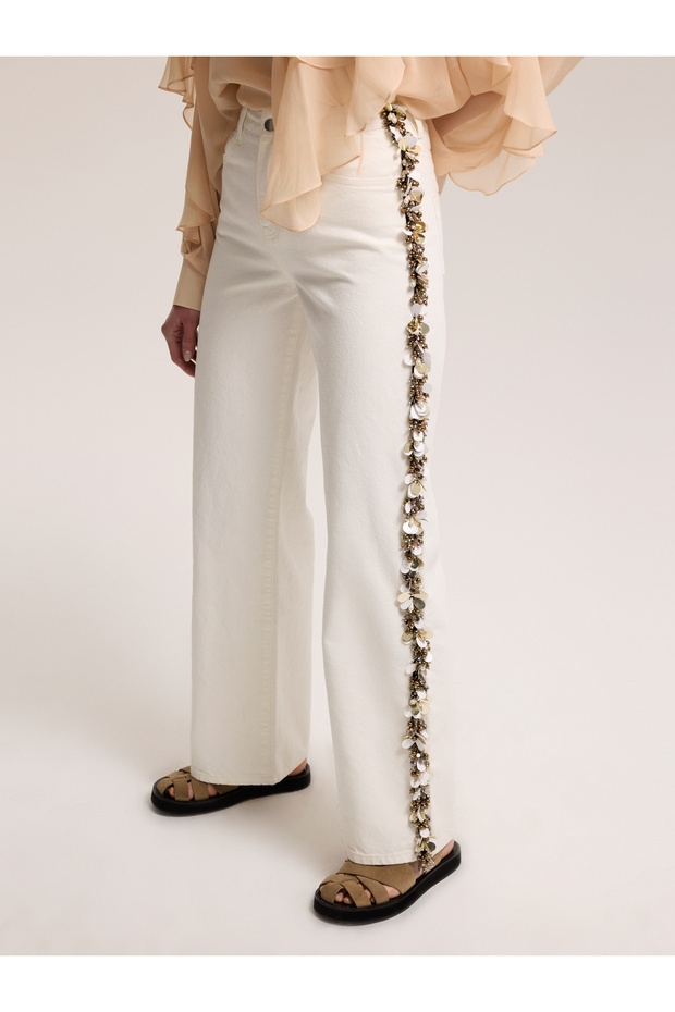 Boncuklu Beyaz Pantolon - 1