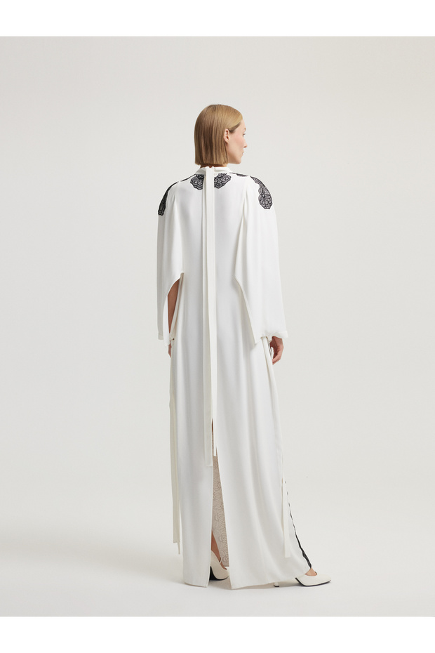 Aplike Dantelli Ekru Elbise - 3