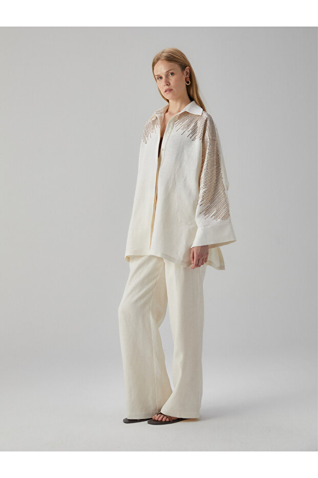 Taş İşlemeli Keten Gömlek - 2