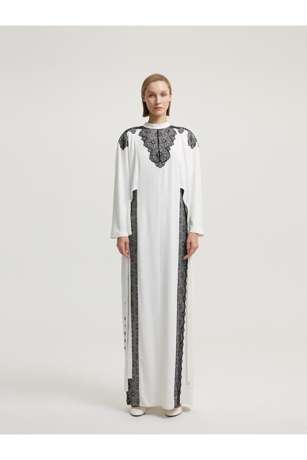 Aplike Dantelli Ekru Elbise - 1