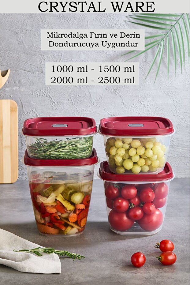 4-Piece Leak-Proof Storage Container with Lid 1000 ml 1500 ml 2000 ml 2500 ml (Ecru, Mink, Red Lid)