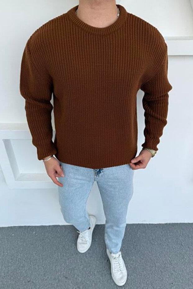 Men's Brown Regular Fit Crew Neck Braided Knitwear