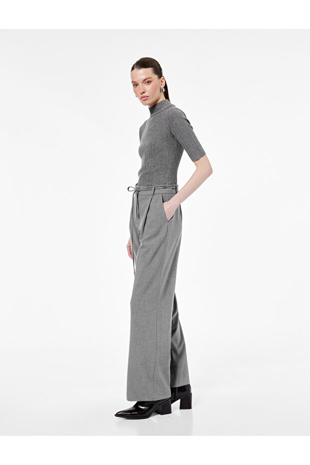 Wide Leg Fabric Trousers with Tie Detail and Pockets