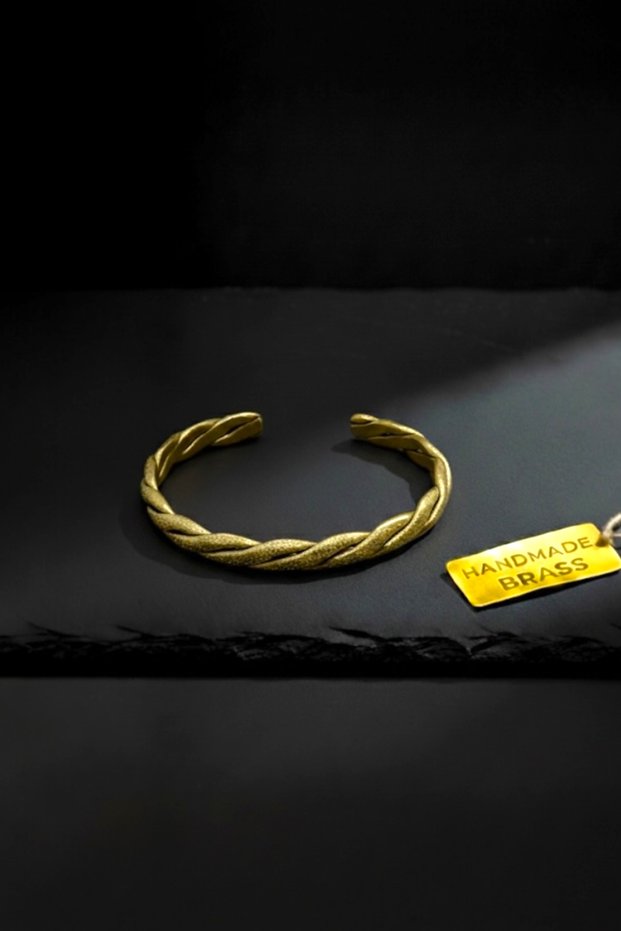 Hand Knitted Pure Brass Bracelet | Sand Textured Twisted Gold Yellow Cuff | Adjustable Bracelet