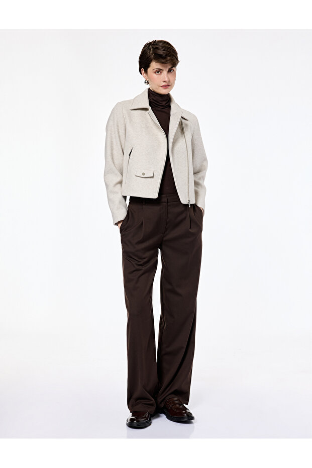 Long Sleeve Pocketed Zip-Up Cropped Melton Jacket