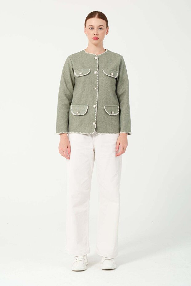 Hatunatila Crochet Four-Pocket Look Cashmere Jacket 7867 Green