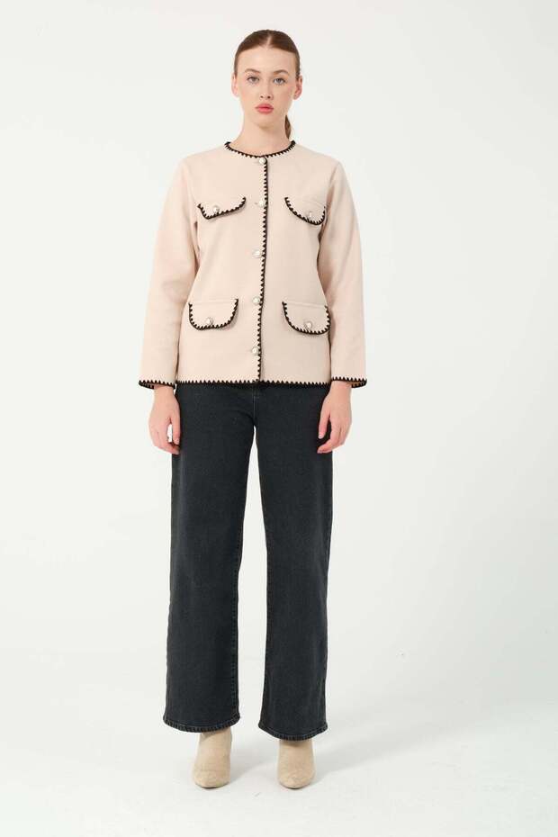 Hatun Atila Crochet Four-Pocket Look Cashmere Jacket 7867 Beige