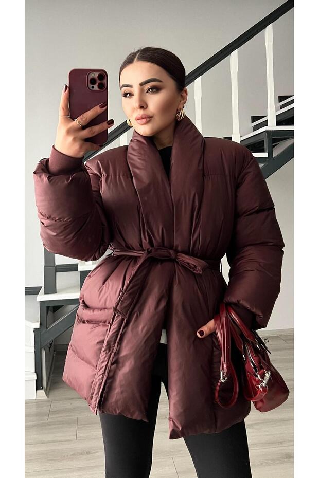 Burgundy Double-Breasted Belted Puffer Jacket