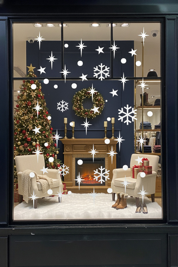Snowflakes & Sparkling Stars Christmas Window Display Sticker Set – Home & Store Decor