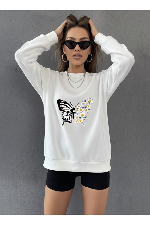 سويت شيرت بياقة دائرية للجنسين من Daisy Butterfly مطبوع Design قصة فضفاضة