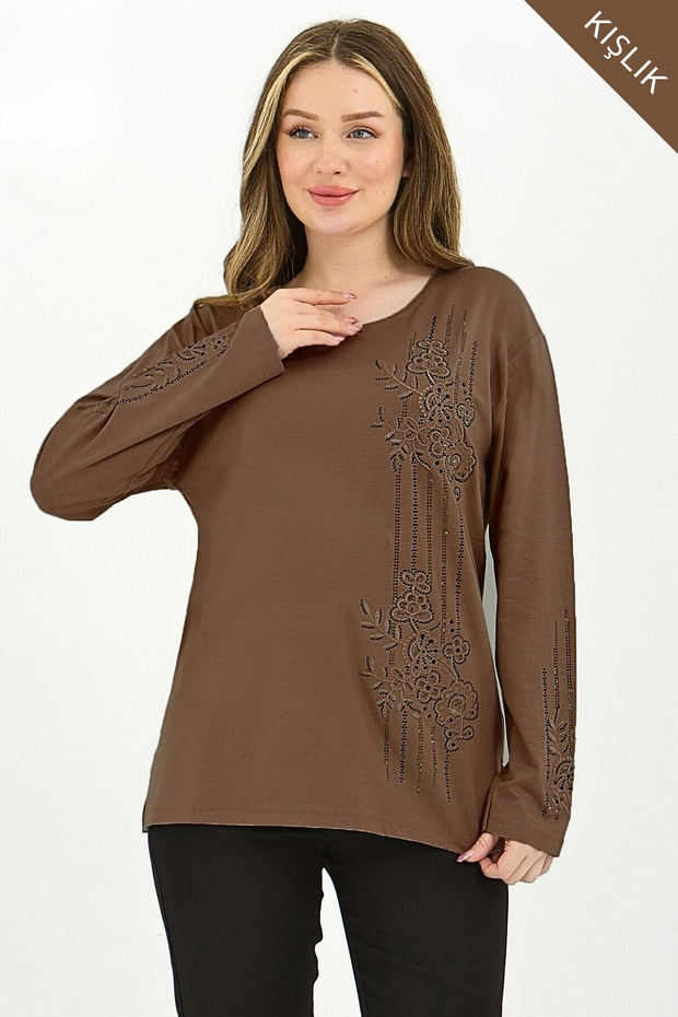 Women's Brown Stripe Patterned Stoned Slit Lycra Winter Viscose Mother Combed Cotton Blouse