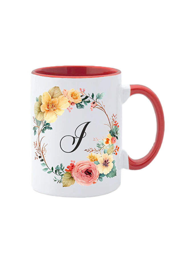 Personalized white mug with the initial of the name inside and red handle Flower-Alphabet Collection letter I - 1