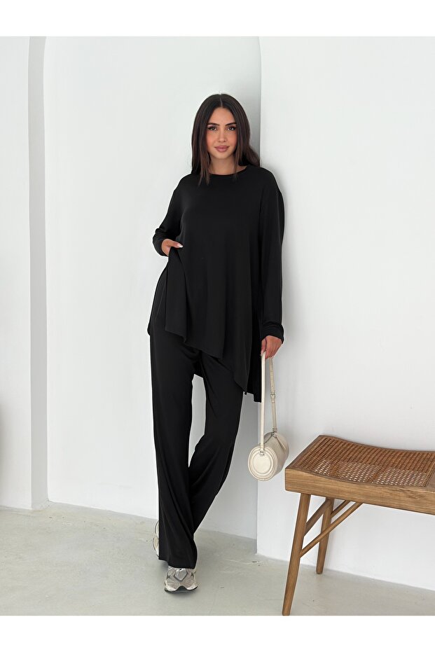 Women's Black Crew Neck Long Sleeve Side Slit Detailed Tunic Elastic Bottom Top Set