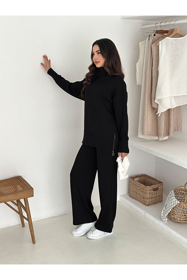 Women's Zip-Up Side Split Tricot Set with Detailing on the Bottom and Top, Modal Fabric