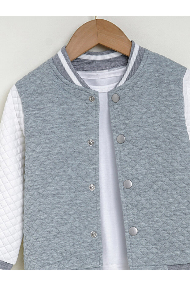 Grey Color Block Button Up Jacket - 4