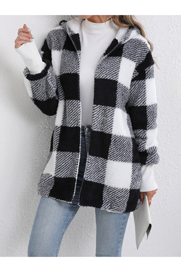 Checked Long Sleeve Zip Up Hooded Coat