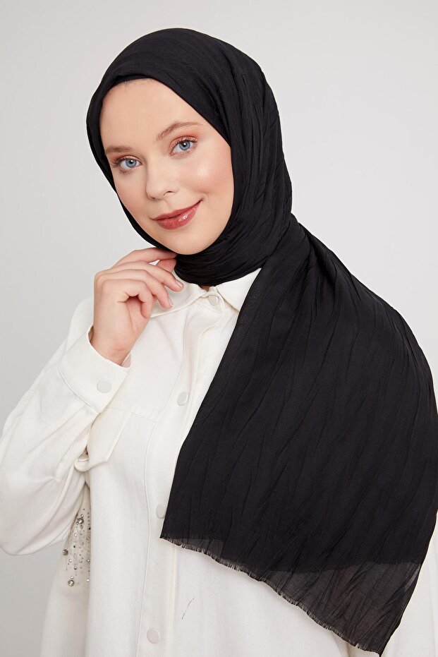 Siyah Pliseli Pamuklu Şal - 3