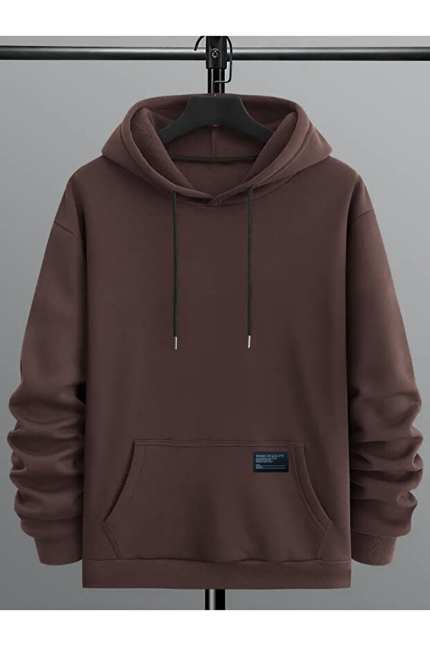 Men Brown Solid Hoodie with Kangaroo Pocket