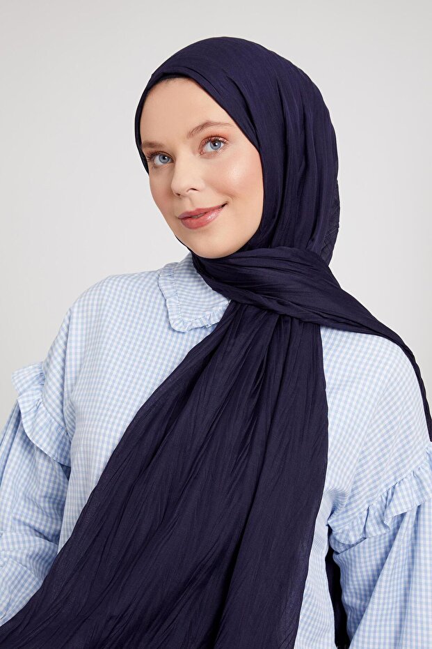 Lacivert Pliseli Pamuklu Şal - 1