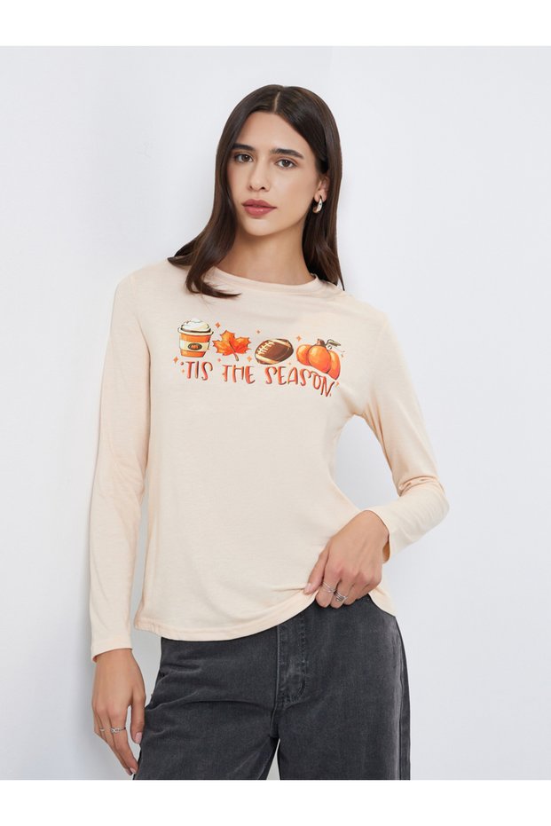 Beige Tis The Season Graphic Print T-Shirt