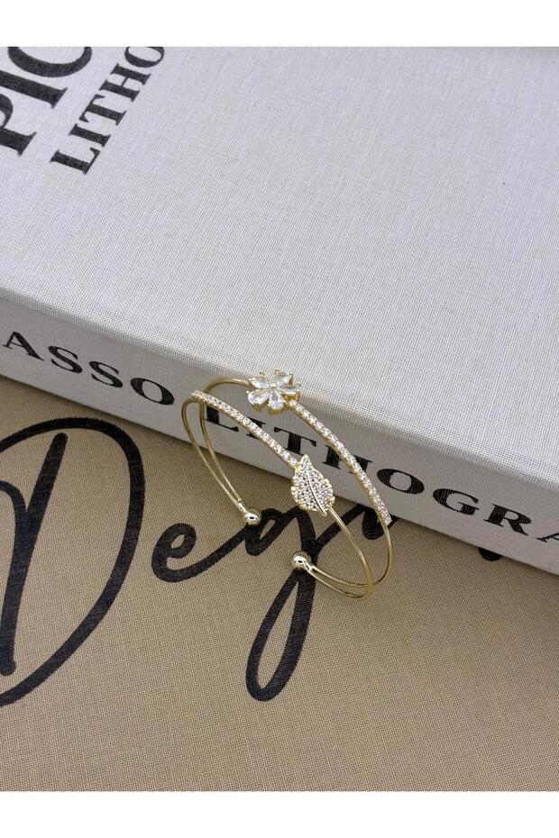 Gold Color Adjustable Two-Row Zircon Stone Bracelet with Leaf and Flower Detail