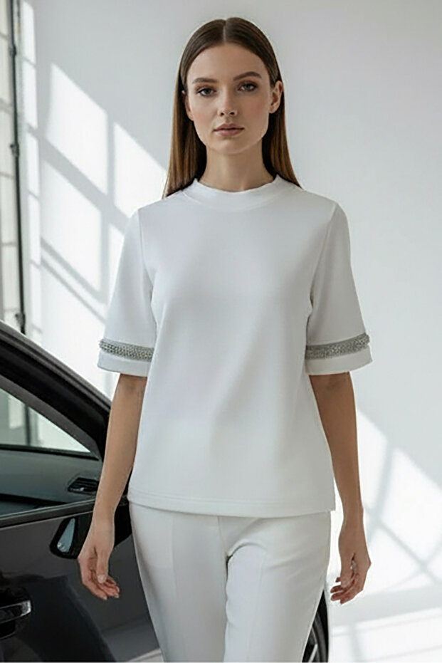 Bisiklet Yaka Taş İşlemeli Regular Örme Tişört - 2