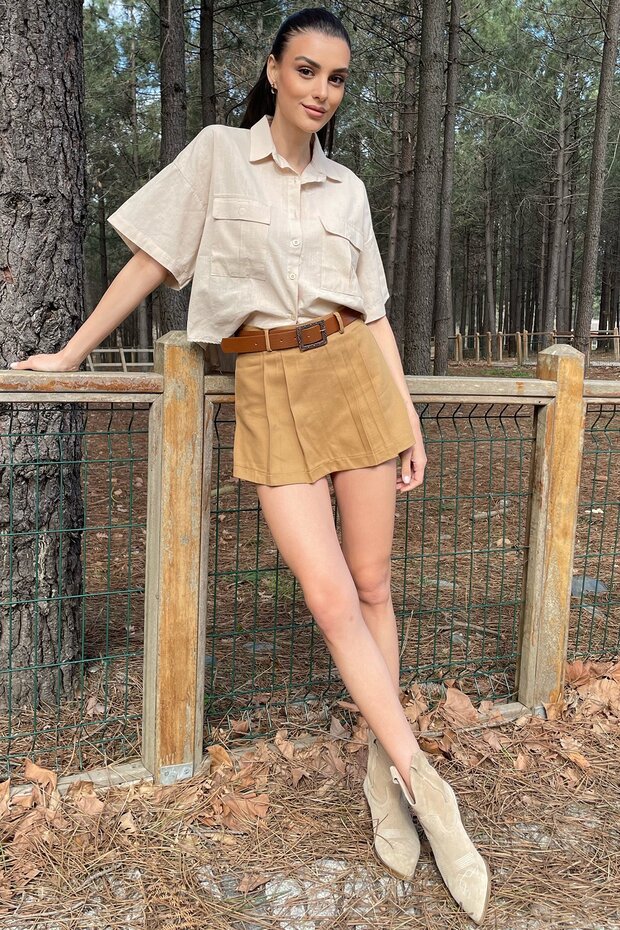 Camel Belted Pleated Gabardine Short Skirt Alc-X9996