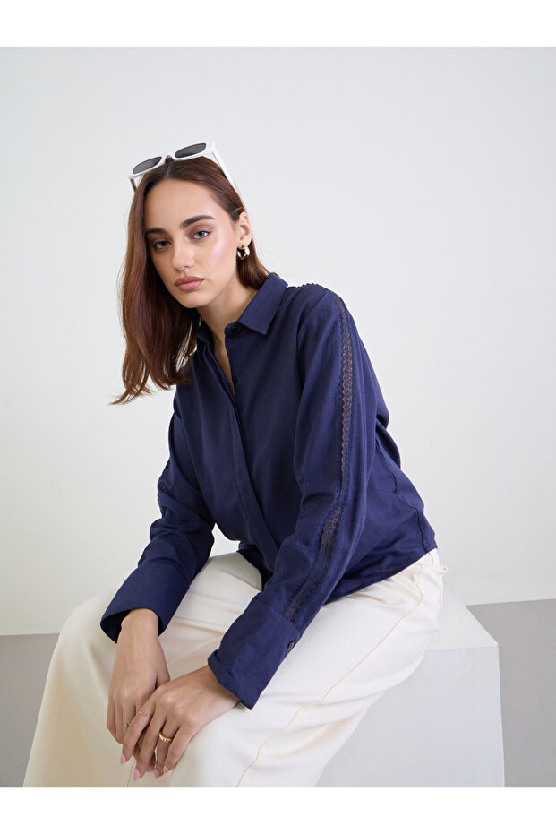 Lace Cutwork Detail Cotton Linen Shirt