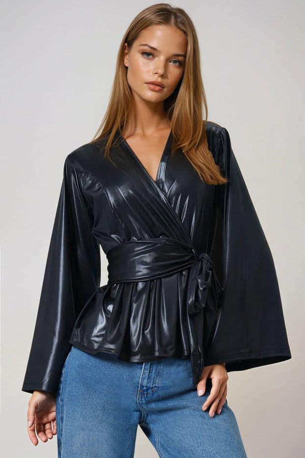 Black Double-Breasted Waist-Tied Faux Leather Blouse Alc-X14680