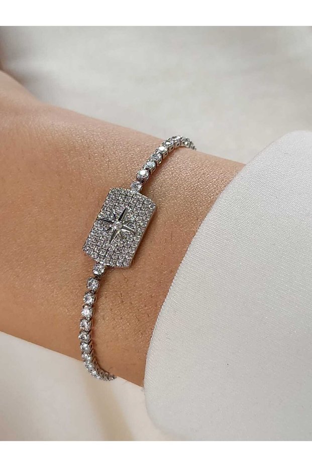 Steel Bracelet Silver Color with Zircon Stone Elevated Adjustable
