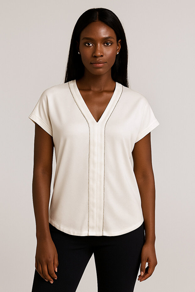 V Yaka Kısa Kollu Regular Örme Tişört - 4