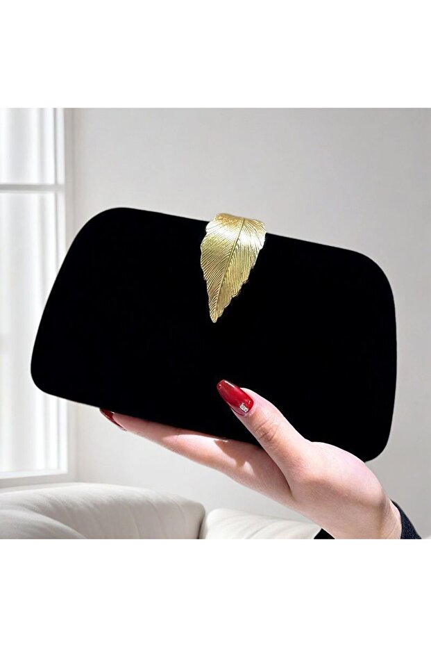 Black Velvet Gold Leaf Evening Clutch Bag