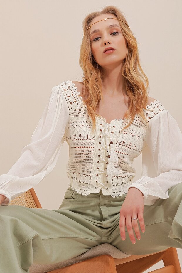 Ecru Square Neck Front Tie-Detail Crocheted Woven Cropped Blouse ALC-X10028