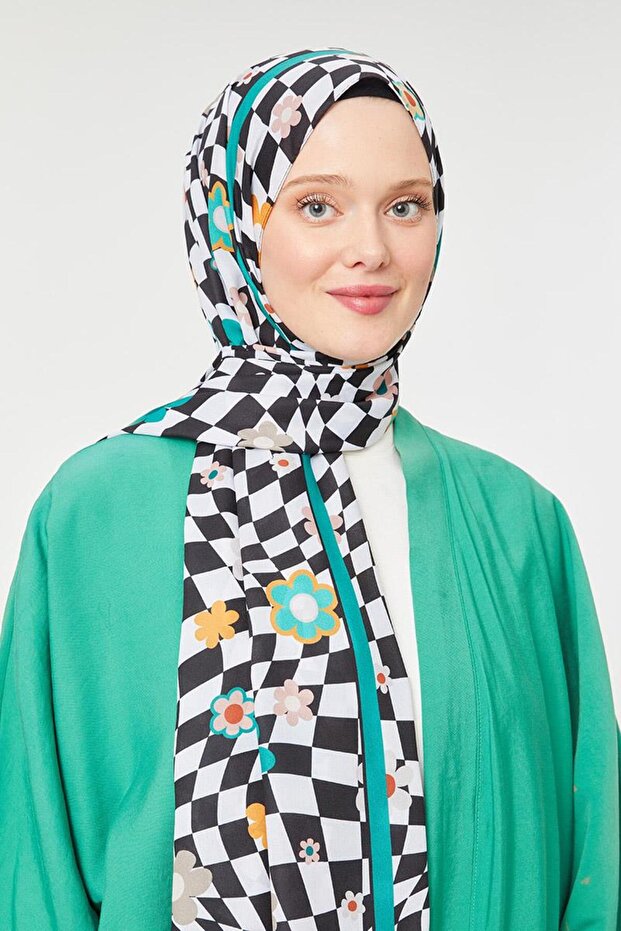 Black Floral Pattern Mono Crepe Shawl