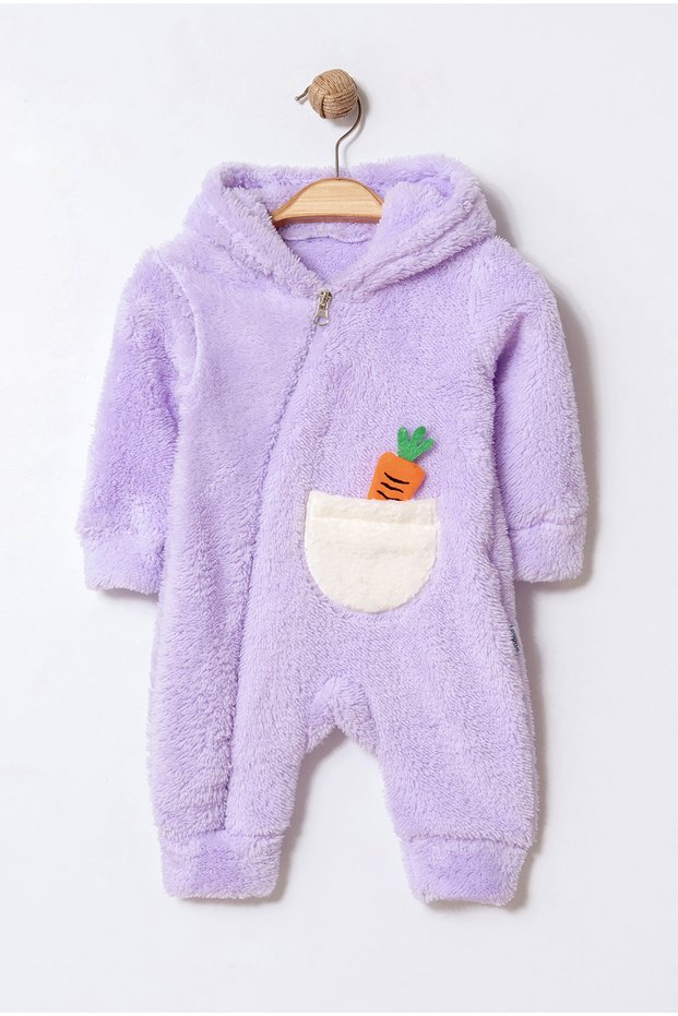 Unisex Baby Hooded Carrot Pocket Plush Jumpsuit