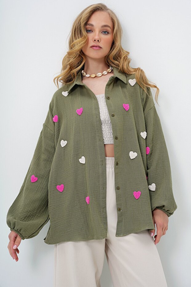 Khaki Soutache Heart-Embroidered Oversized Muslin Linen Shirt ALC-X13791