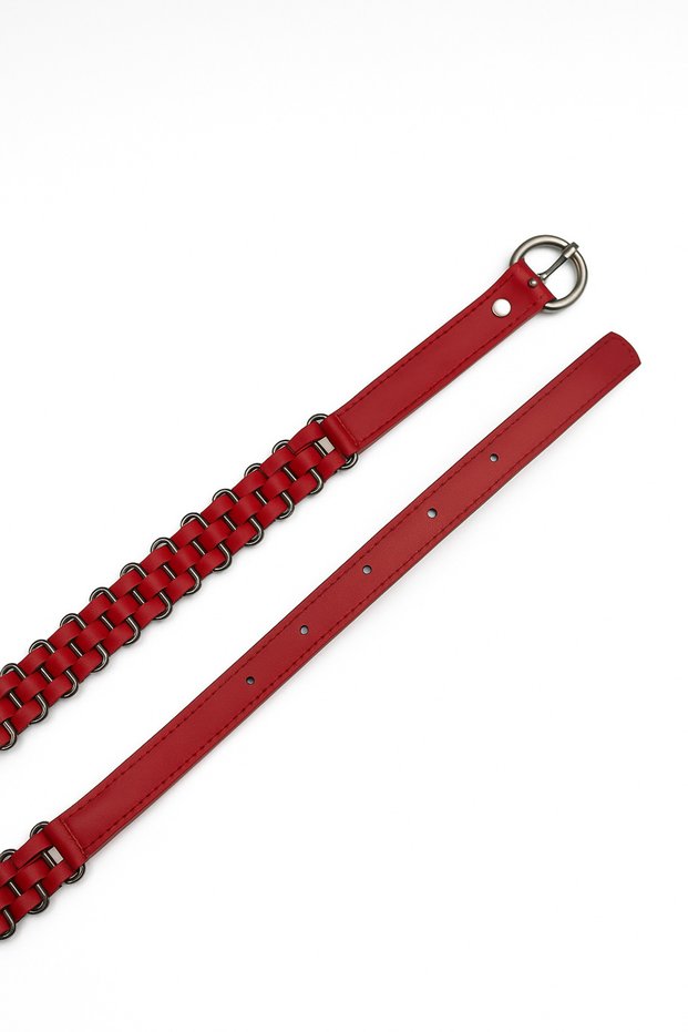 Women's Faux Leather Chain Braided Detailed Belt – Stylish and Trendy Model with Metal Rings