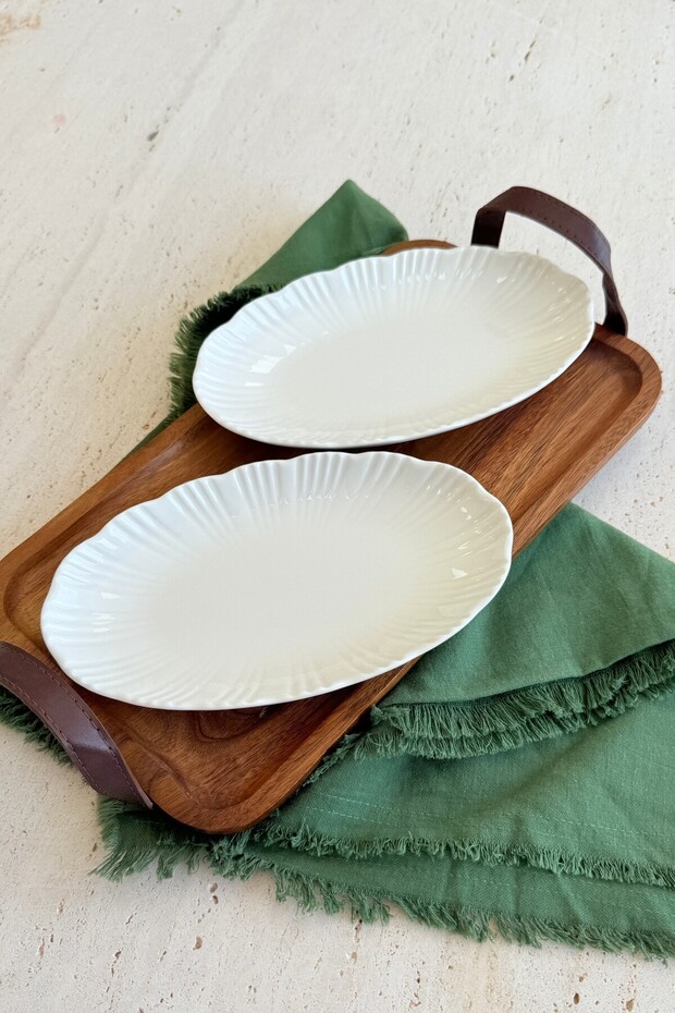 Aura Cream 2-Piece 20 cm Premium Porcelain Small Size Boat-Shaped Breakfast Mezelik Presentation Serving Set
