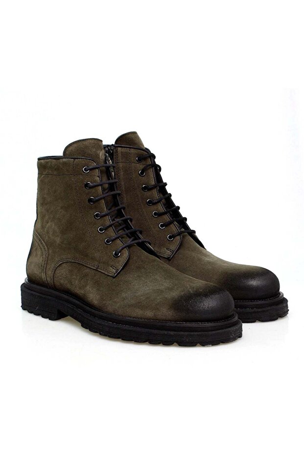 Khaki Color Lace-Up Genuine Leather Nubuck Men's Boots