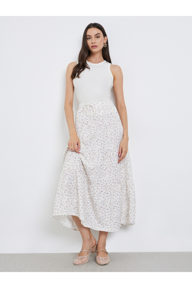Floral Print Elastic Waist A-Line Maxi Skirt