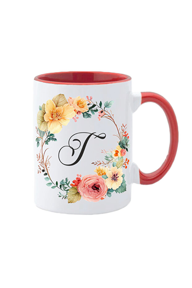 Personalized white mug with initial of name inside and red handle Flower-Alphabet Collection letter T - 1