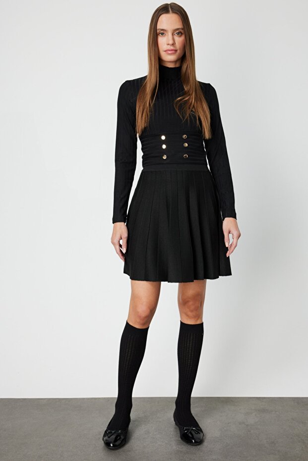 Pileli Mini Triko Etek - 1