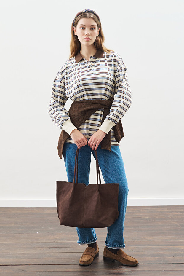 POLO YAKA OVERSIZE TSHIRT MAVİ - 1